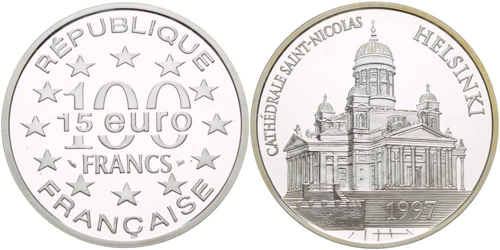 Франция 100 франков - 15 евро 1997 КАФЕДРАЛЬНЫЙ СОБОР СВЯТОГО НИКОЛАЯ В ХЕЛЬСИНКИ KM 1176 серебро PROOF 1088-9-13