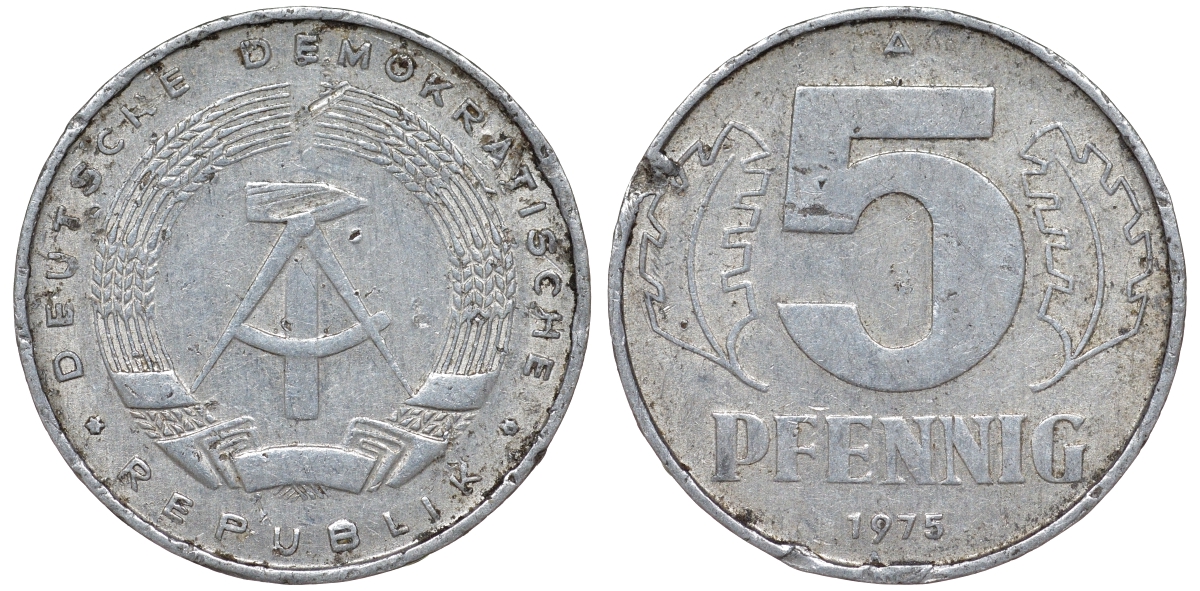 ГДР 5 ПФЕННИГОВ 1975 A KM 9.1 алюминий 62-324