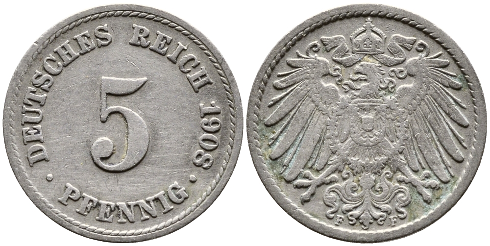 Германия 5 пфеннигов 1908 F KM 11, Jager 12, Weege 6 медно-никель 4387-738