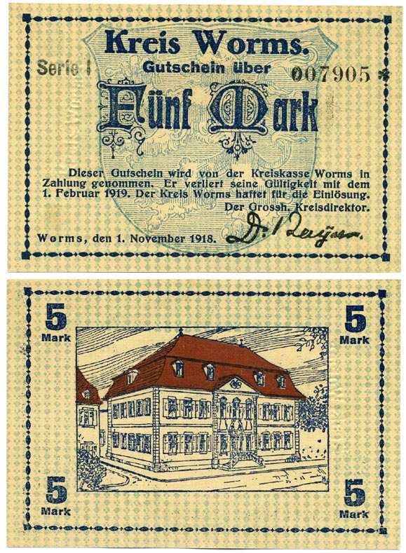 ВОРМС, ГЕРМАНИЯ 5 МАРОК 1918-1919 1 НОЯБРЯ 1918 - 1 ФЕВРАЛЯ 1919, НОТГЕЛЬД, ЗЕМЛЯ РЕЙЛЯНД-ПФАЛЬЦ, СЕРИЯ I, НОМЕР СО ЗВЁЗДОЧКОЙ Geiger 570.01а бумага UNC (ПРЕСС) 8613-17-2-1