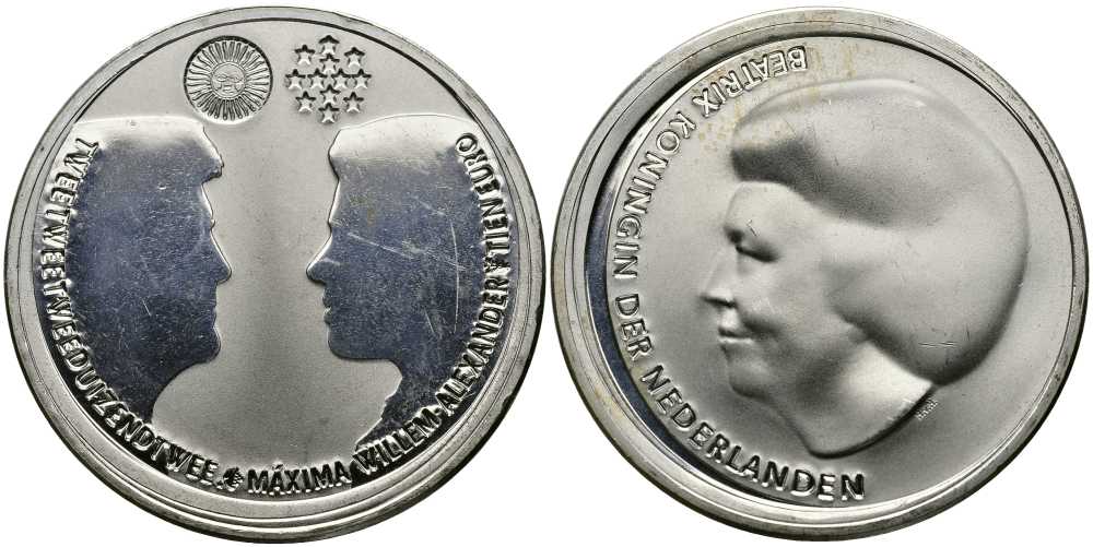 Нидерланды 10 евро 2002 королевская свадьба Виллема-Александра и принцессы Максимы KM 243 серебро UNC 650-1042