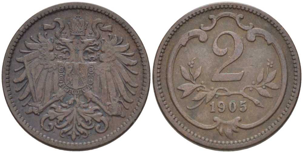АВСТРИЯ 2 ГЕЛЛЕРА 1905 ФРАНЦ ИОСИФ (1846-1918) KM 2801 бронза 201-955