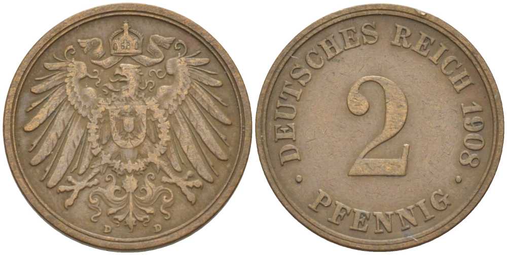 ГЕРМАНИЯ 2 ПФЕННИГА 1908 D KM 16, J. 11, Weege 4 медь 212-337