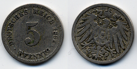 ГЕРМАНИЯ 5 ПФЕННИГОВ 1892 D, KM 11, J. 12 медно-никель 51-5241