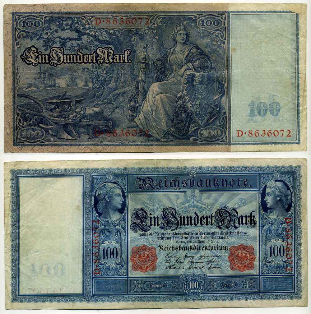 ГЕРМАНИЯ 100 МАРОК 1910 21 АПРЕЛЯ 1910, КРАСНАЯ СЕРИЯ Pick 42 бумага 8589-2-1-2