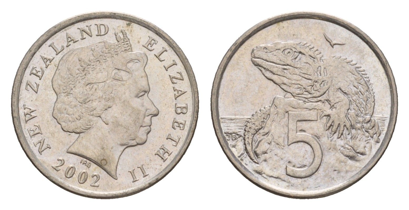 Новая Зеландия 5 центов 2002 Елизавета II (1952-2022), ящерица гаттерия KM 116 медно-никель 4588-545