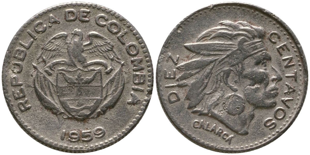 Колумбия 10 сентаво 1959 KM 212.2, Restrepo 380.7 медно-никель 4576-1037