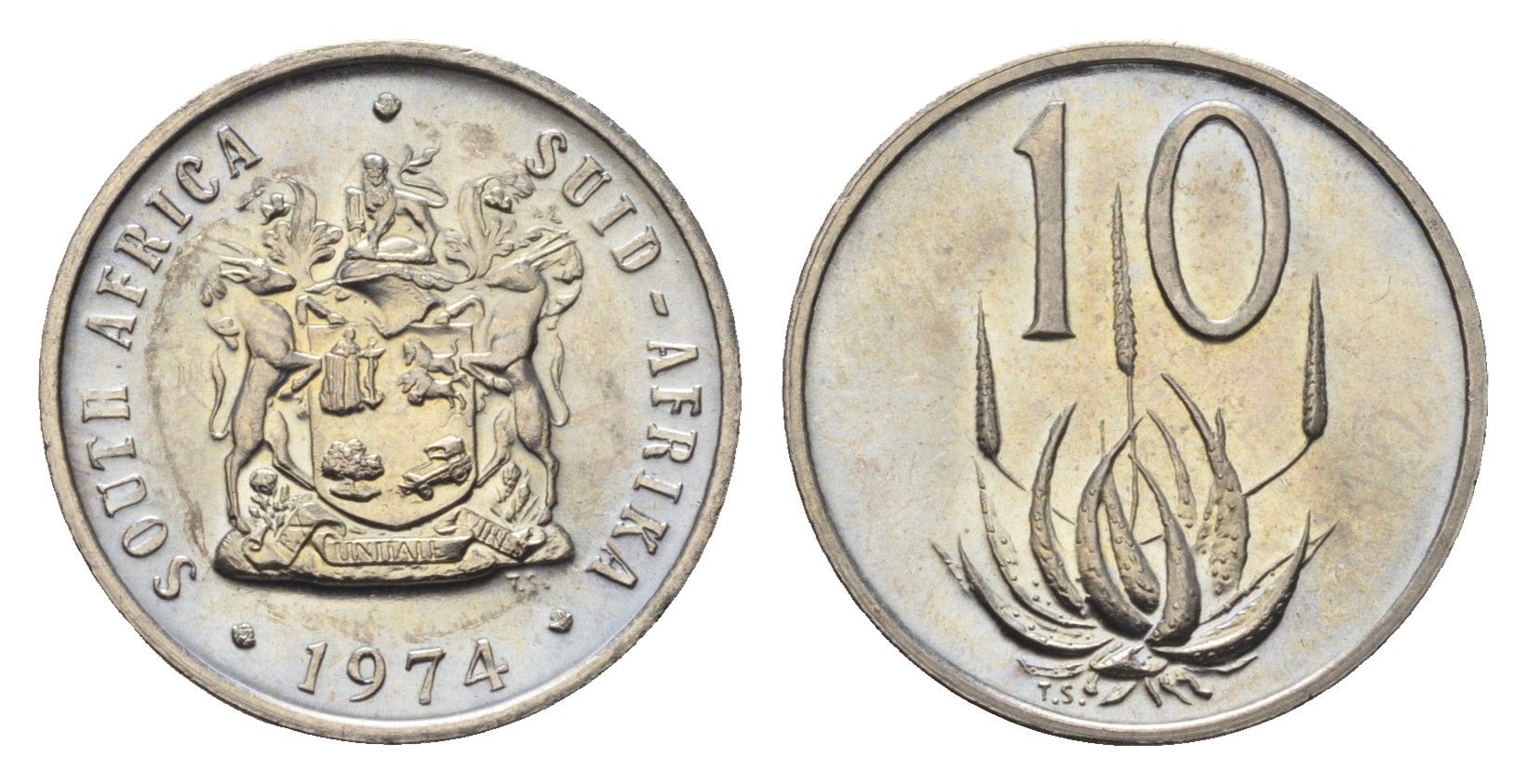 ЮАР 10 центов 1974 герб, цветок алоэ KM 85 никель UNC 4690-948
