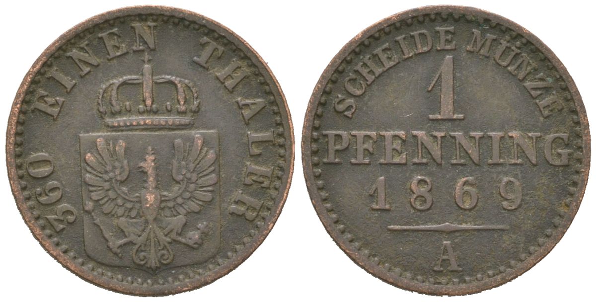 Пруссия 1 пфенниг 1869 A, Вильгельм I (1861-1888) KM 480 медь 4615-822