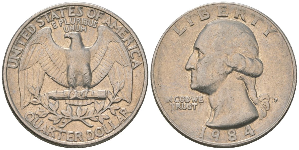 США 25 центов (квотер) 1984 P, Вашингтон KM A164a медь плакированная медно-никелем 4595-451