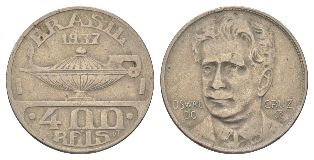 Бразилия 400 реалов 1937 Освалду Крус KM 539 медно-никель 4624-1244