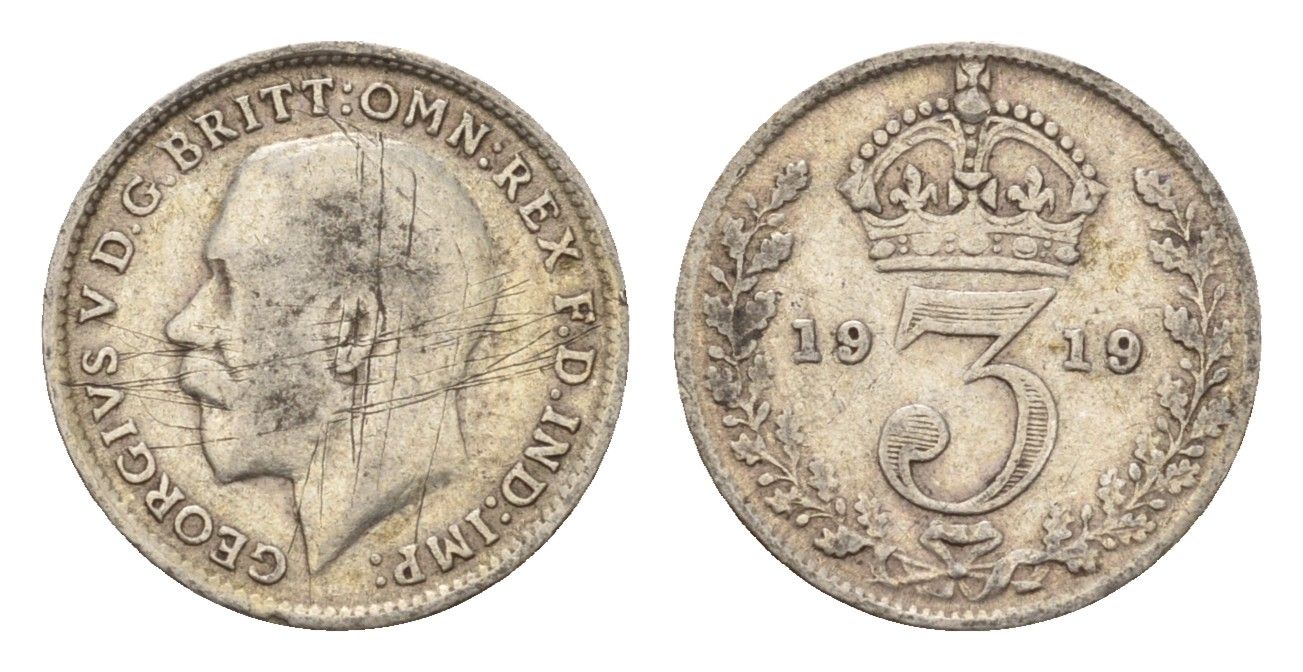 Великобритания 3 пенса 1919 Георг V (1910-1936) KM 813, Spink 4015 серебро 4644-241
