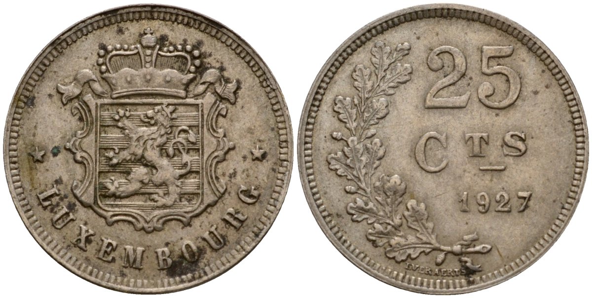 Люксембург 25 сантимов 1927 Шарлотта (1918-1964) KM 37 медно-никель 4122-326