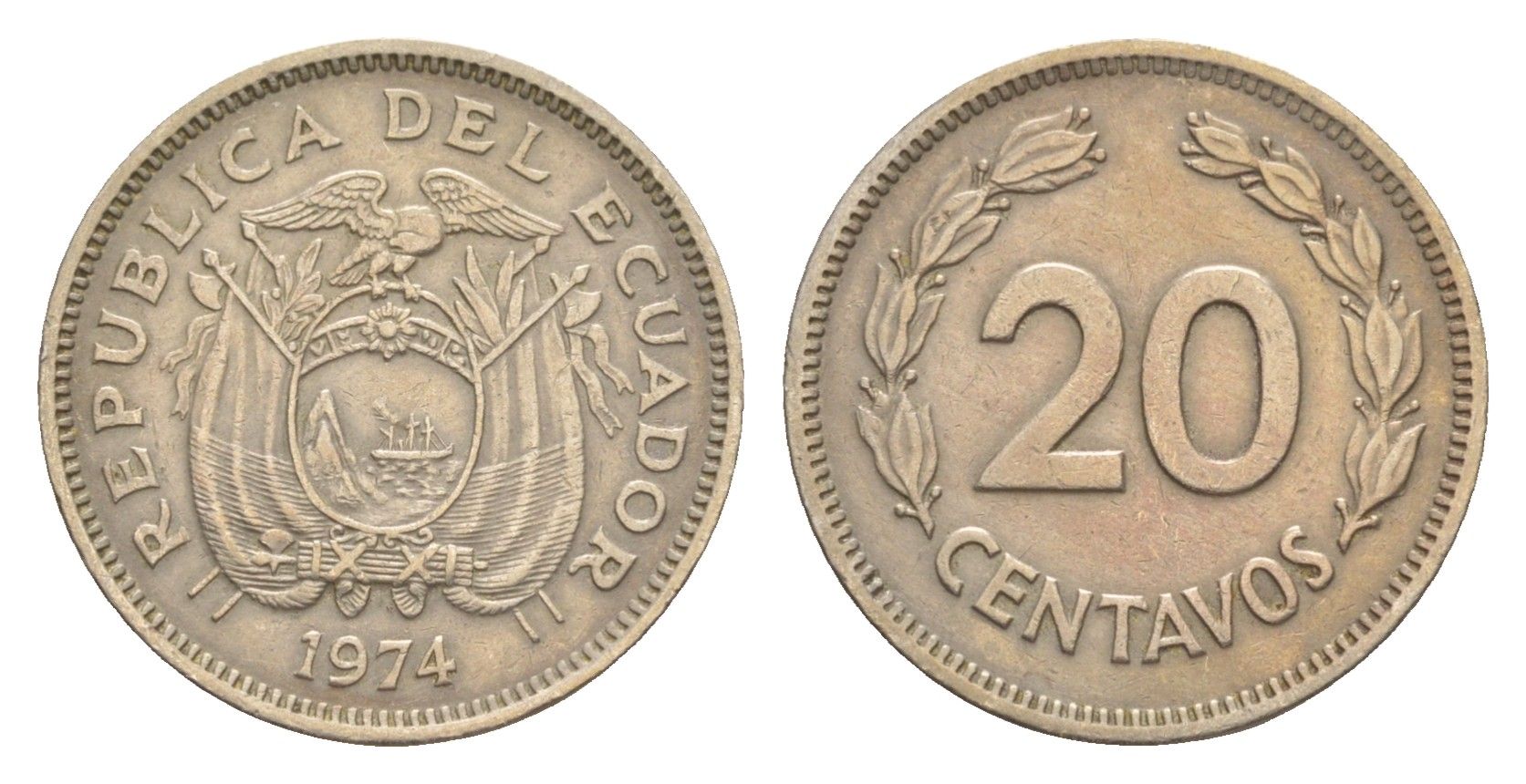 Эквадор 20 сентаво 1974 KM 77.2 медно-никель 4640-1235