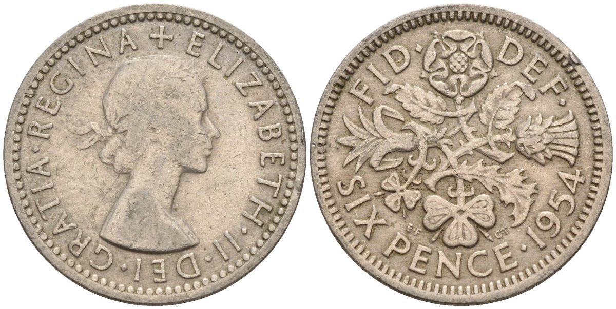 Великобритания 6 пенсов 1954 Елизавета II (1952-2022) KM 903, Spink 4149 медно-никель 4596-1036