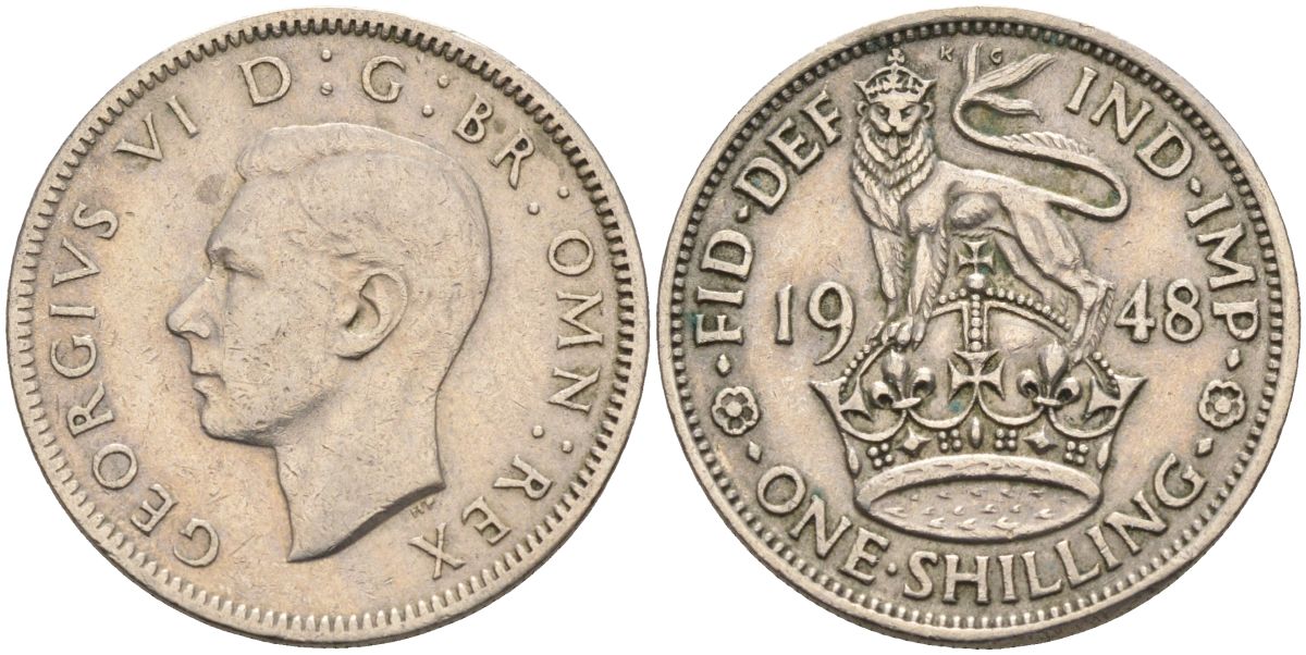 Великобритания 1 шиллинг 1948 Георг VI (1936-1952), Английский герб KM 863, Spink 4103 медно-никель 4126-441