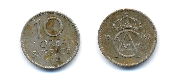 Швеция 10 эре 1969 Густав VI Адольф (1950-1973) KM 835 медно-никель 51-5221
