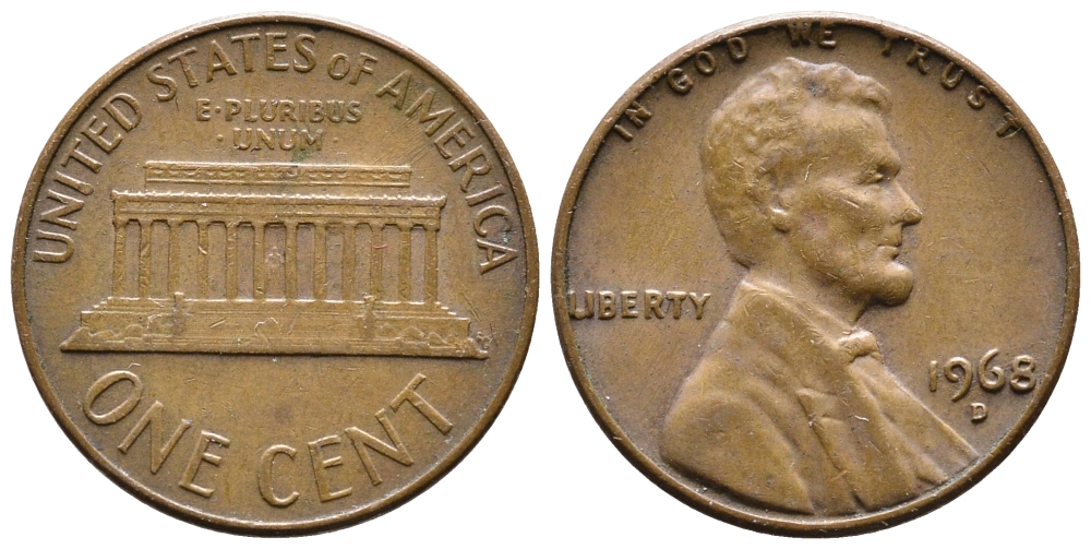 США 1 ЦЕНТ 1968 D, ЛИНКОЛЬН KM 201 медь цинк 4364-826