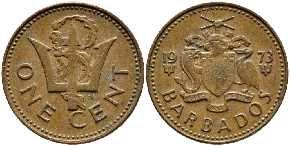 Барбадос 1 цент 1973 сломанный трезубец Британии KM 10 бронза 4396-1238