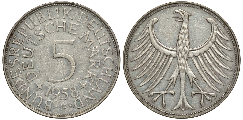 ФРГ 5 марок 1958 F, редкая буква года J. 387, KM 112.1 серебро 603-1234