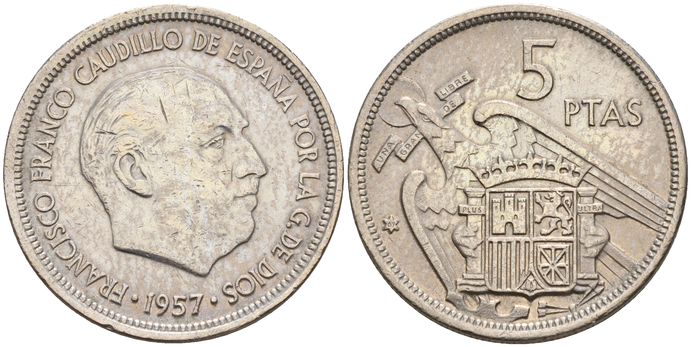 Испания 5 песет 1957 (69) Франсиско Франко (1939-1975) KM 786 медно-никель    4143-213