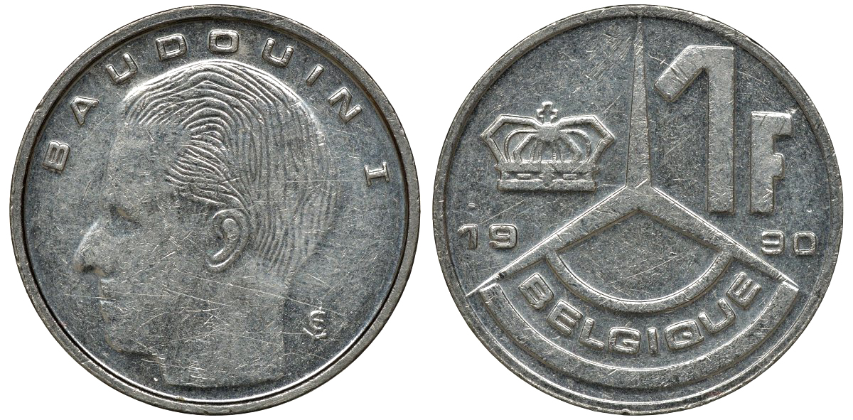 БЕЛЬГИЯ 1 ФРАНК 1990 KM 170 никелированное железо 72-1112