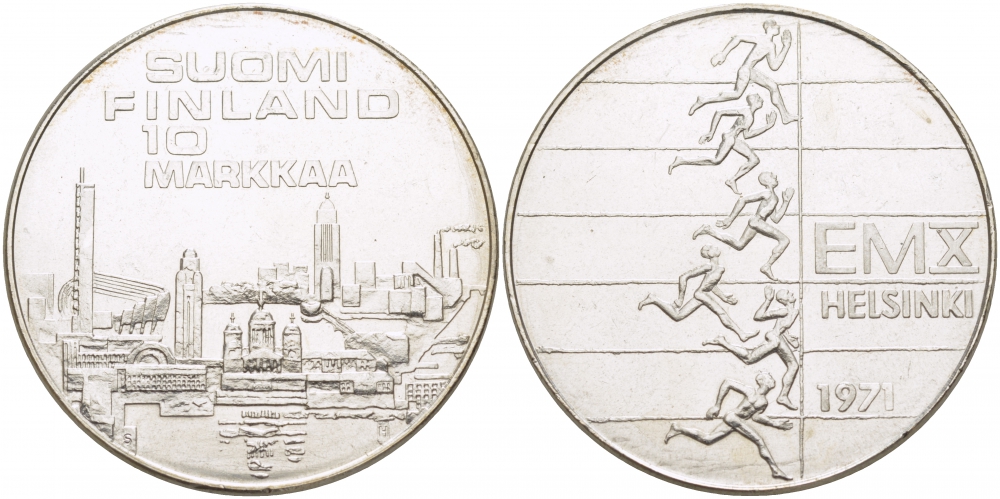 Финляндия 10 марок 1971 S-H, X Чемпионат Европы по легкой атлетике KM 52 серебро UNC 1515-1342