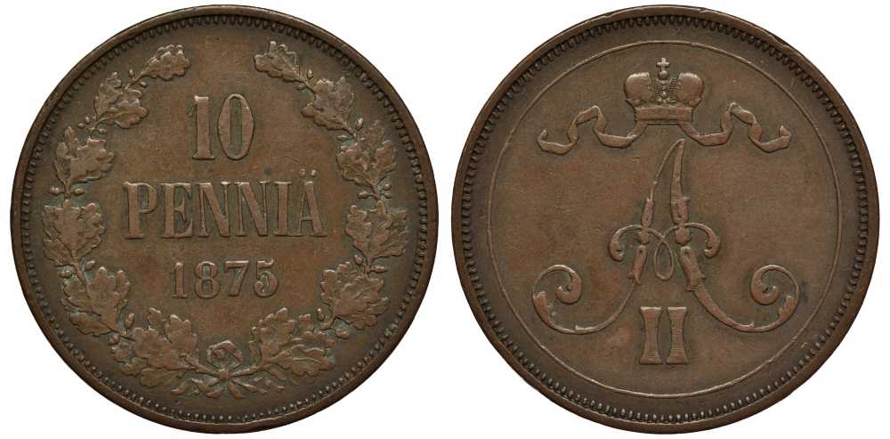 Россия для Финляндии 10 пенни 1875 Александр II Биткин 655 R1 медь 00-000-00