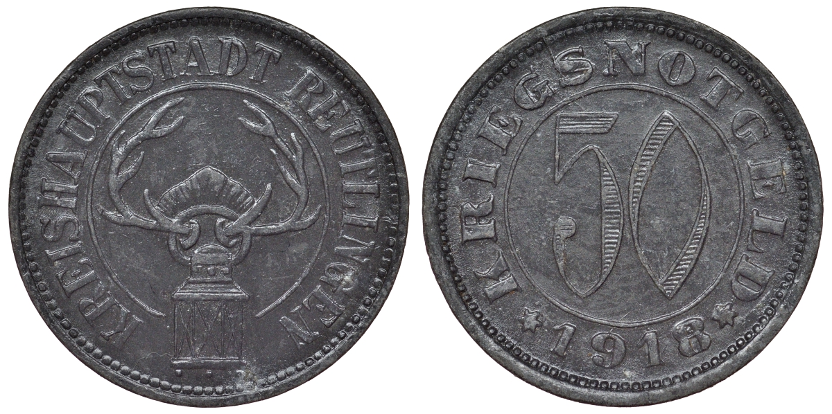 Германия, Ройтлинген 50 пфеннигов 1918 Баден-Вюртемберг, нотгельд Funck 446.1b цинк 4121-454
