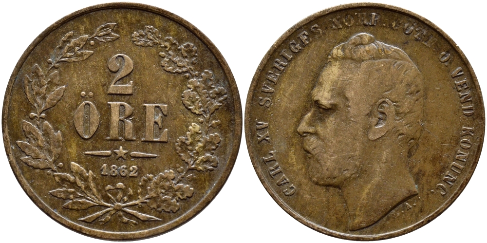Швеция 2 эре 1862 Карл XV (1859-1872) KM 706 бронза 1530-843