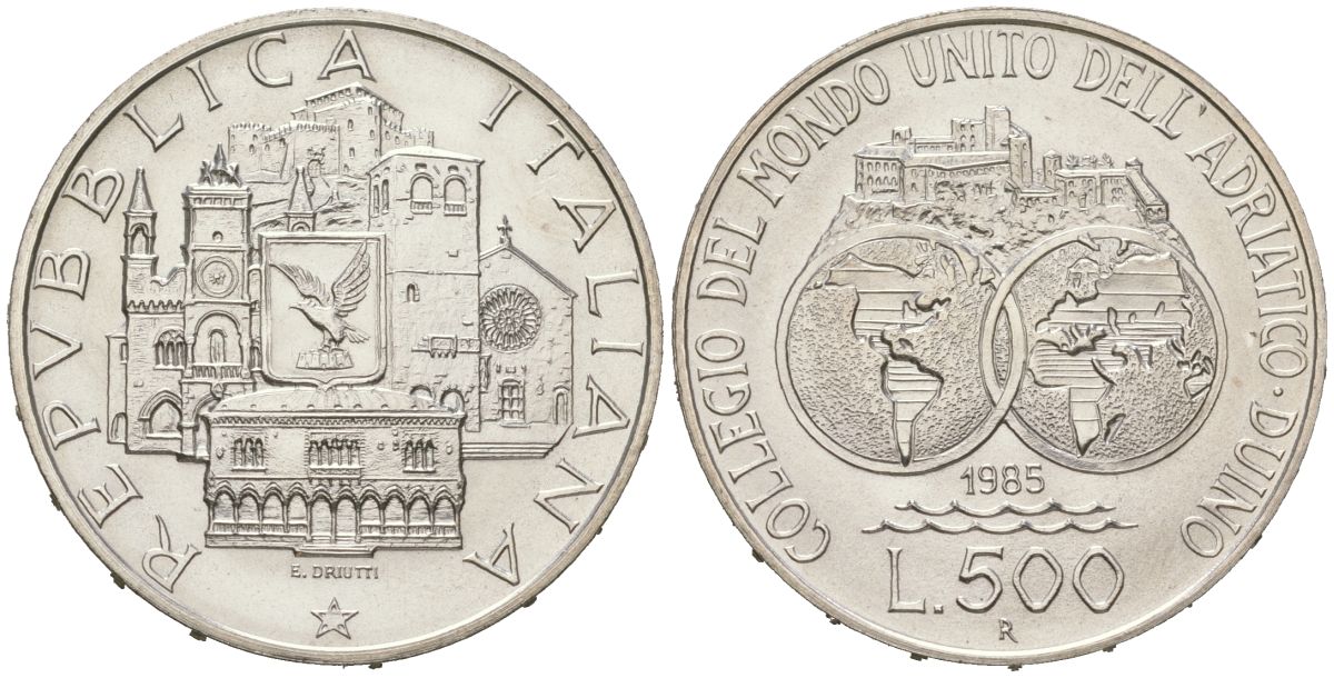 Италия 500 лир 1985 R, Адриатический колледж объединенного мира в Дуино KM 116 серебро BU 34-421