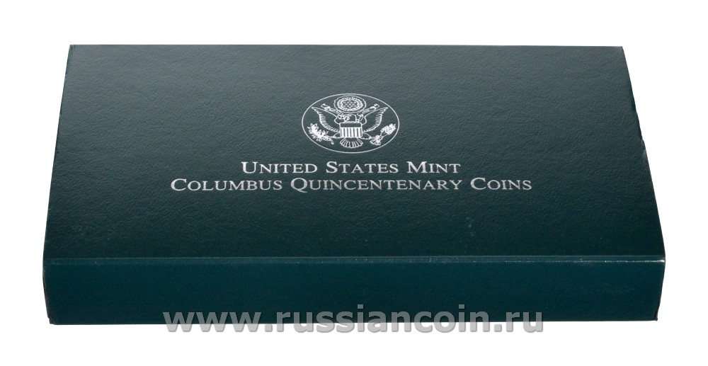 США набор из 2 монет 1992 500 лет открытия Америки, в фирменной коробке с сертификатом KM 237, 238 серебро, медь плакированная медно-никелем PROOF 5-4-1-41