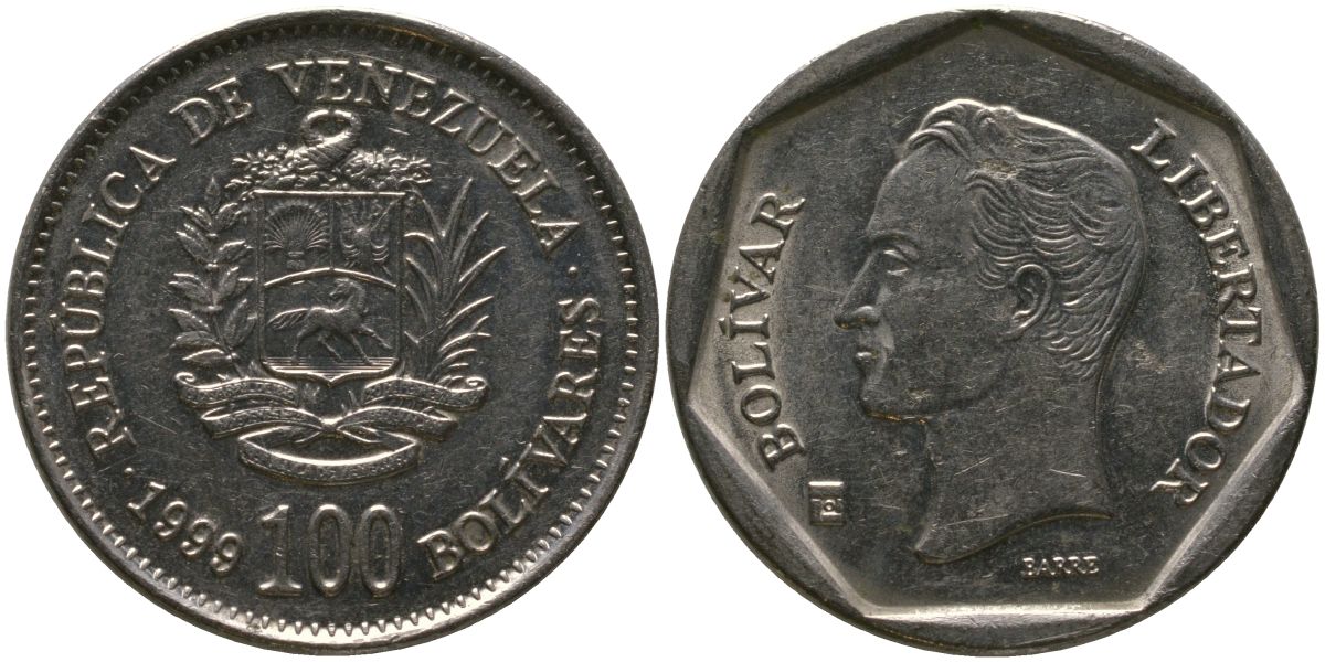 Венесуэла 100 боливаров 1999 KM 78.2, Schon 88 сталь плакированная никелем 4529-425