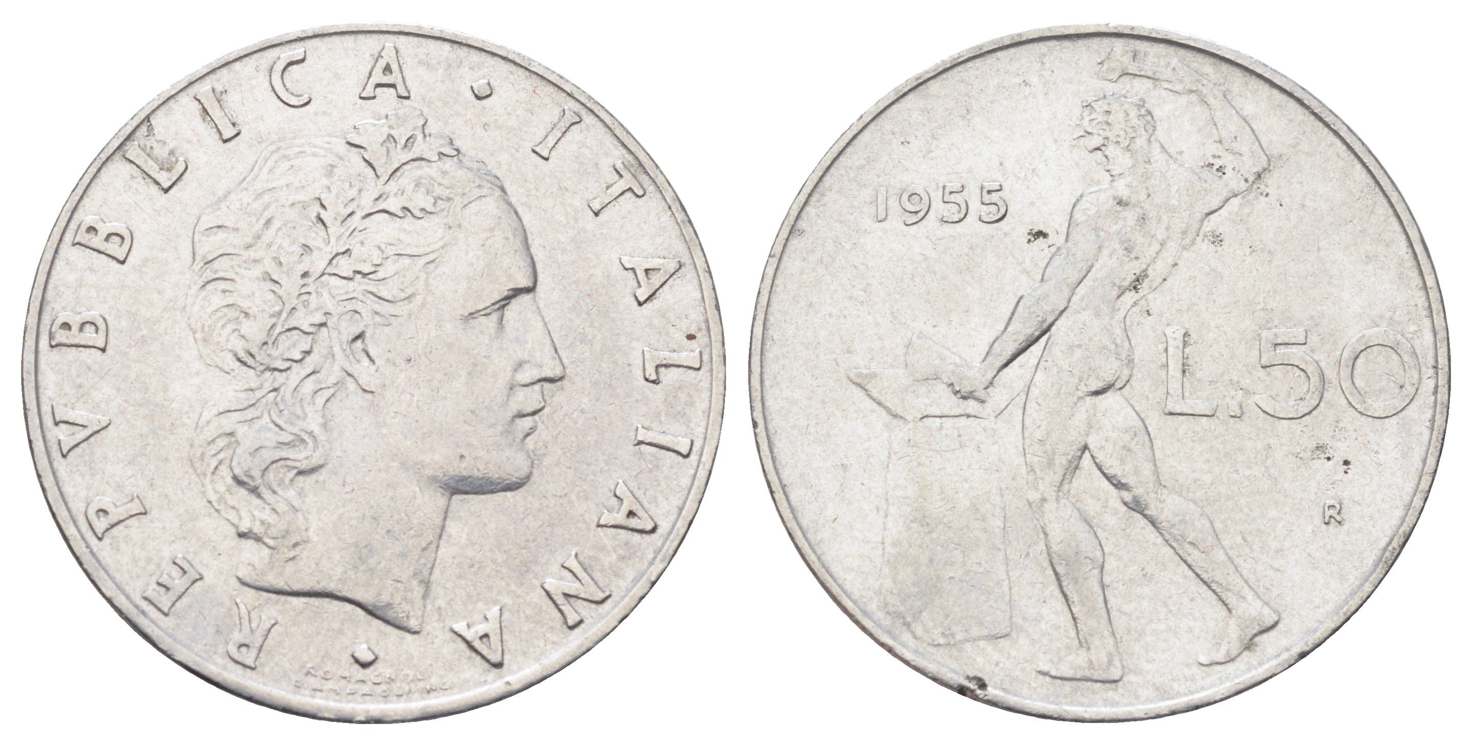 Италия 50 лир 1955 R, бог огня Вулкан у наковальни KM 95.1 нержавеющая сталь 3336-751