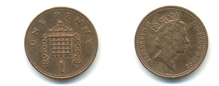 Великобритания 1 пенни 1991 Елизавета II (1952-2022) KM 935, Spink 4381 (B3) бронза 59-1732