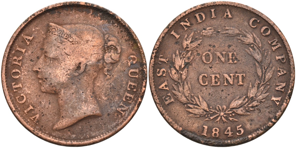 Стрейтс-Сетлментс 1 цент 1845 Виктория (1837-1901), Ост-Индская компания KM 3 медь 4590-122