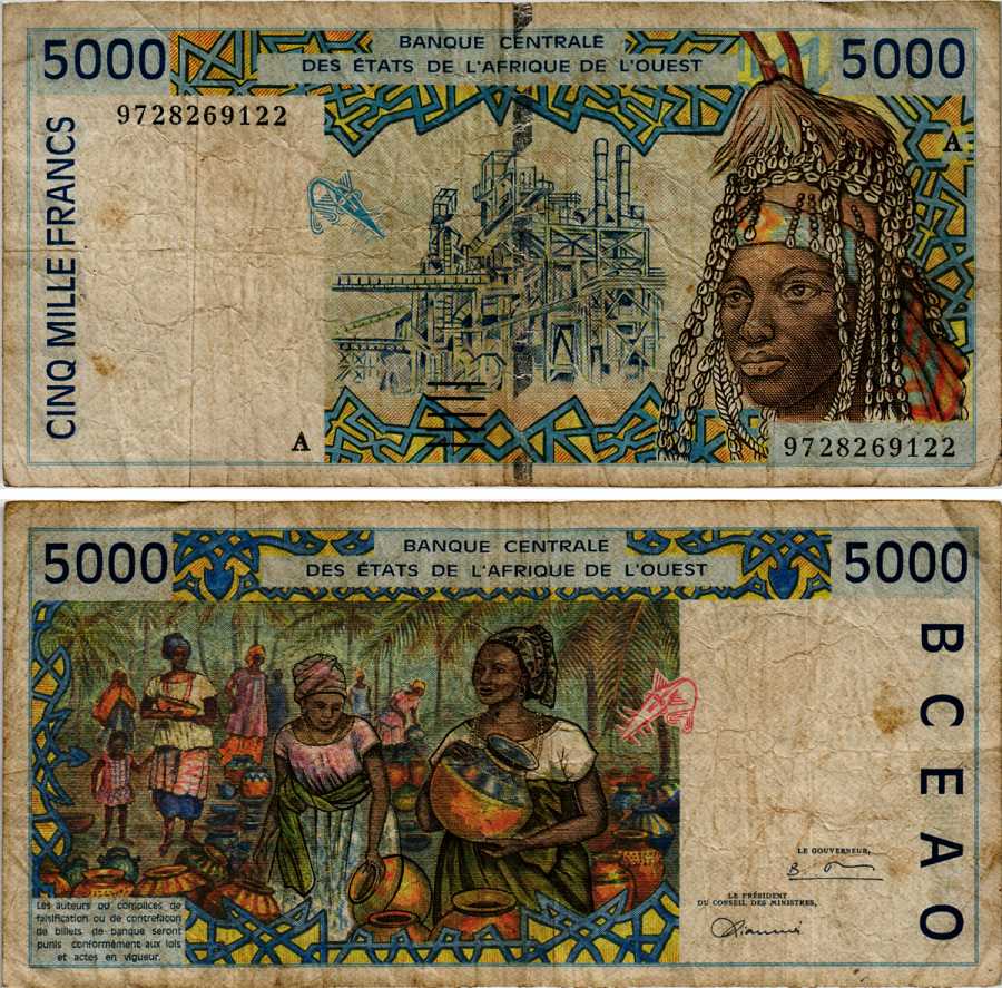 ВАЛЮТНЫЙ СОЮЗ СТРАН ЗАПАДНОЙ АФРИКИ, КОТ-Д'ИВУАР 5000 ФРАНКОВ 1997 БУКВА С, ПОДПИСЬ 28 Pick 113Af бумага 6281-7-2-2