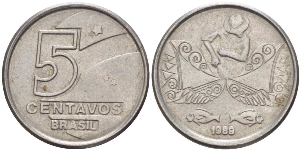 БРАЗИЛИЯ 5 СЕНТАВО 1989 РЕФОРМА 1989-1990 KM 612 нержавеющая сталь 105-314