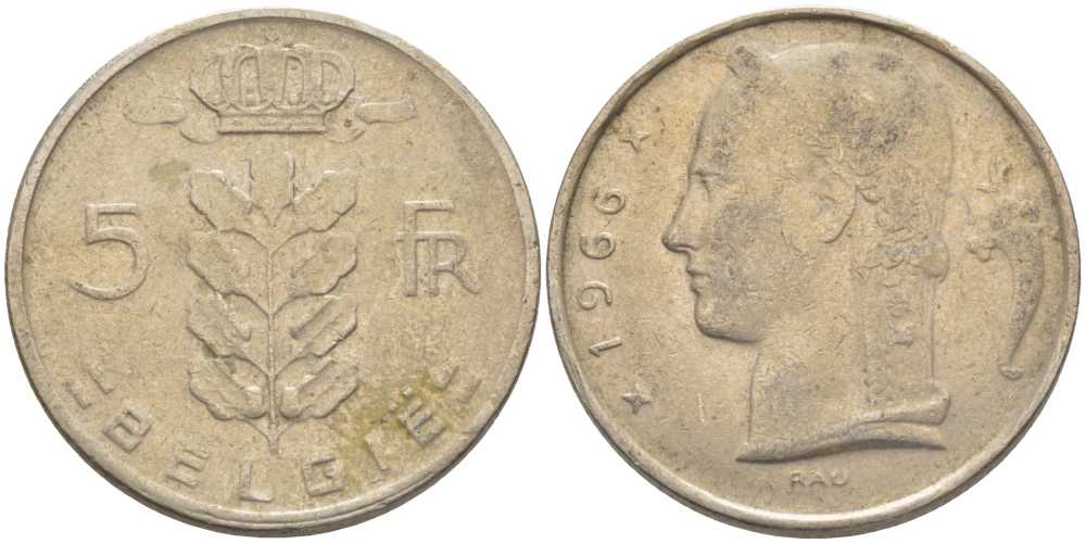 БЕЛЬГИЯ 5 ФРАНКОВ 1966 BELGIE, БОДУЭН I (1951-1993) KM 135.1 медно-никель 119-813