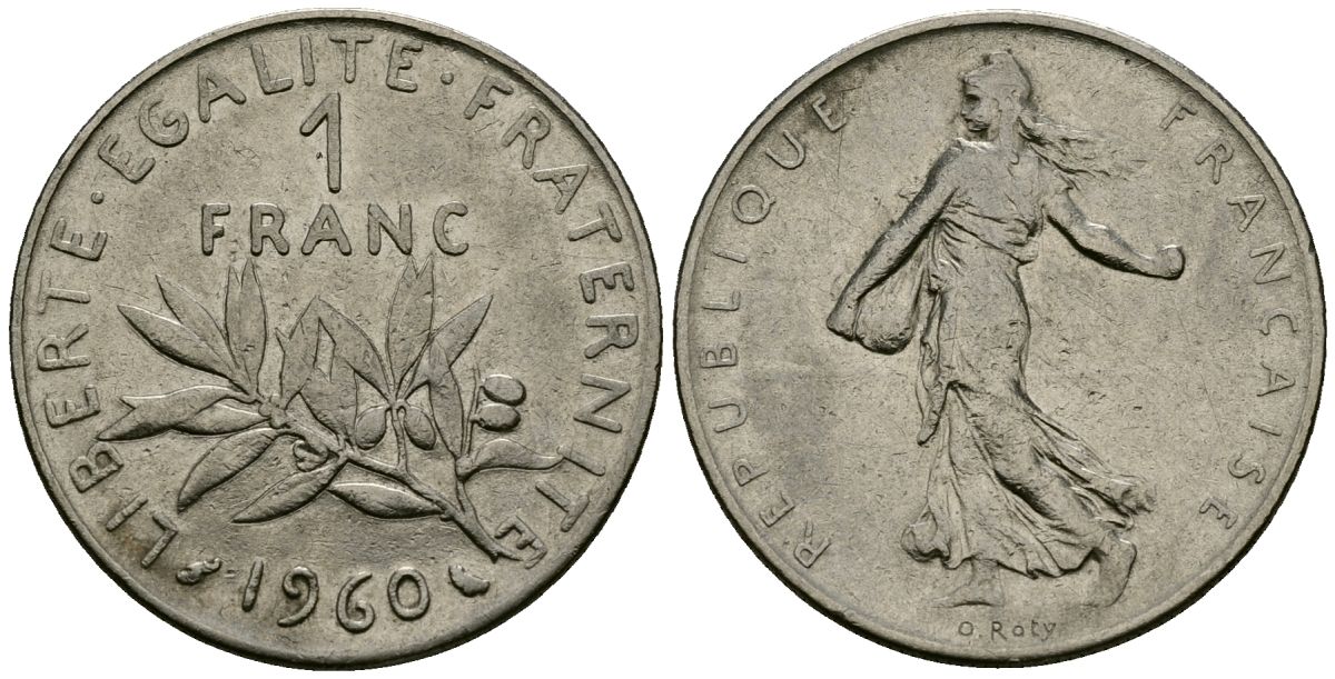 Франция 1 франк 1960 сеятель KM 925 никель 4135-814
