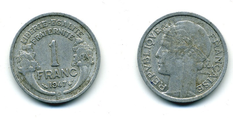 ФРАНЦИЯ 1 ФРАНК 1947 В KM 885а.2 алюминий 84-456