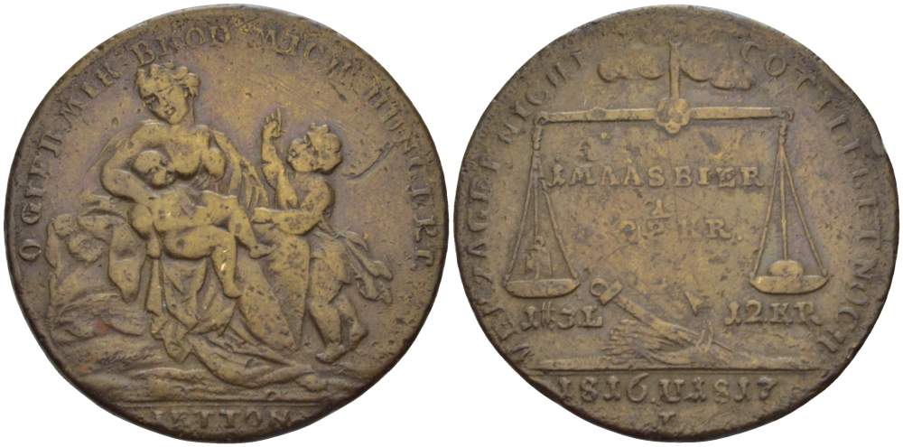 ГЕРМАНИЯ ЖЕТОН 1817 НУЖДА И ГОЛОД НА НЕПРЕДВИДЕННОЕ ВРЕМЯ 1816-1817, СИДЯЩАЯ МАТЬ С ДВУМЯ ДЕТЬМИ, СЕРЕБРЕННИЕ, ДИАМЕТР 33 ММ. Slg. Brettauer 1995 латунь 4527-731