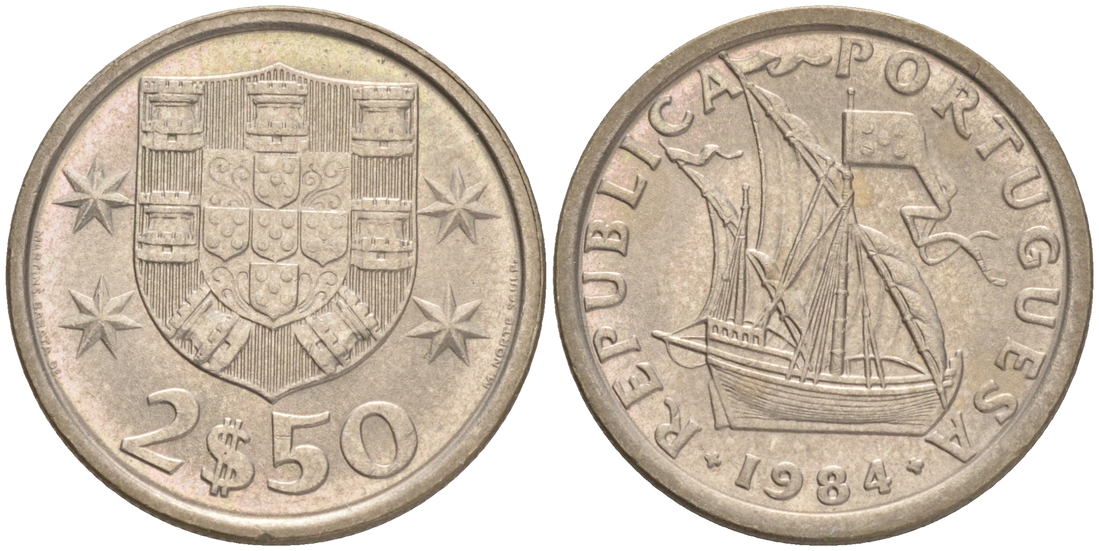 Португалия 2,5 эскудо 1984 парусник KM 590 медно-никель 192-817