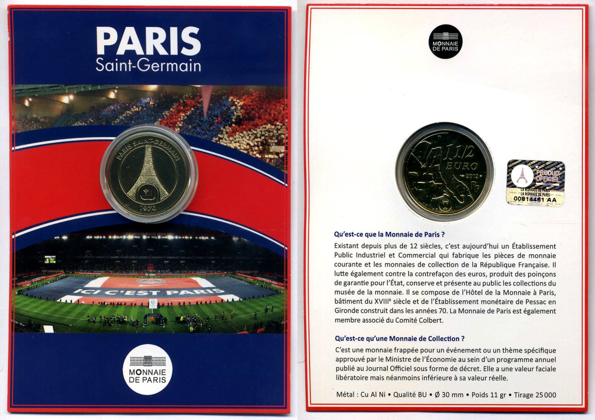 Франция 1 1/2 евро 2012 футбольный клуб "PARIS SAINT-GERMAIN", запайка, оригинальный буклет KM 1918 алюминиевая бронза BUNC 3-4-8-78
