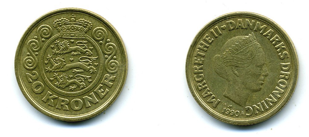 ДАНИЯ 20 КРОН 1990 МАРГАРЕТ II KM 871 алюминиевая бронза 41-1241
