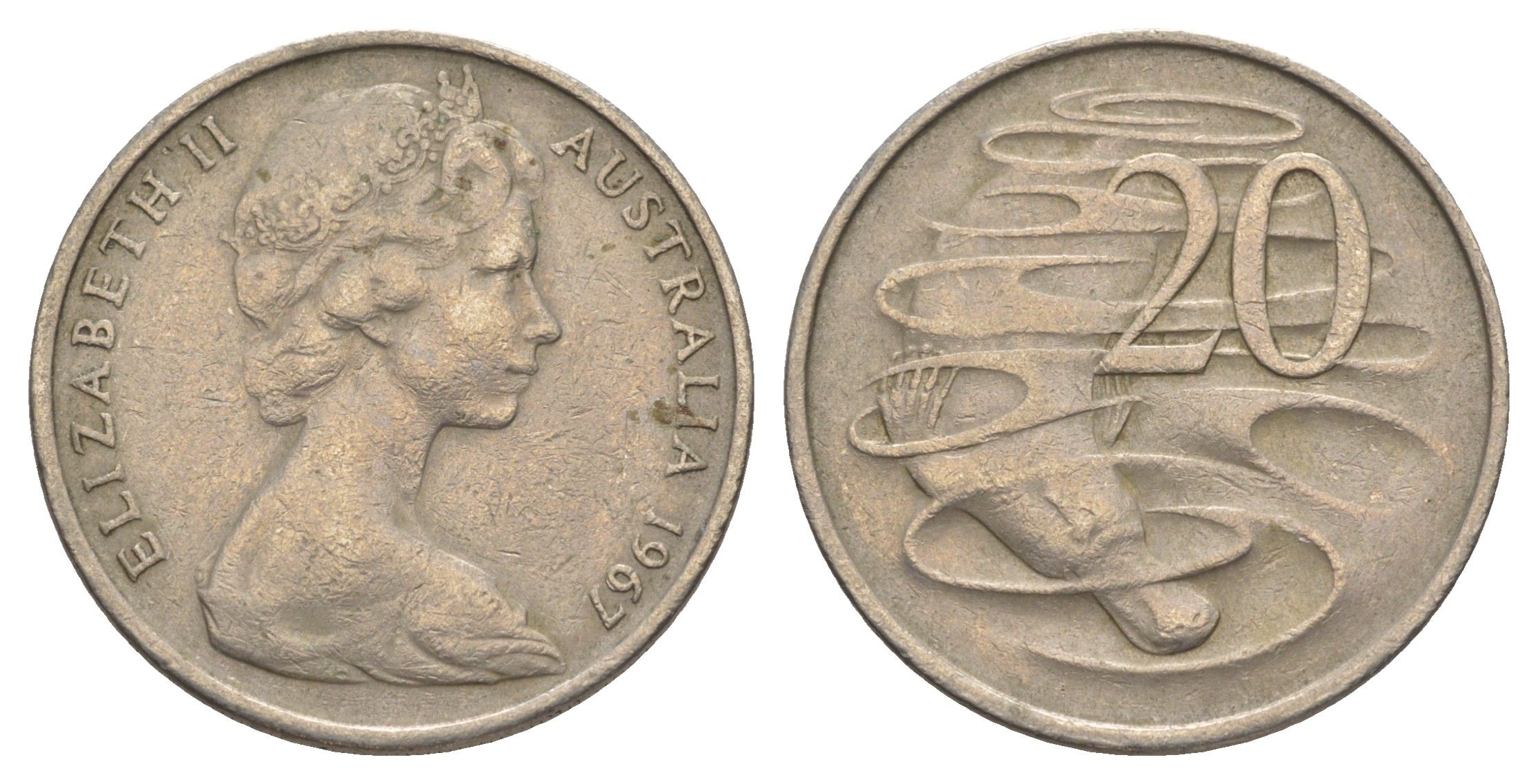 Австралия 20 центов 1967 Елизавета II (1952-2022), утконос KM 66 медно-никель 4384-747
