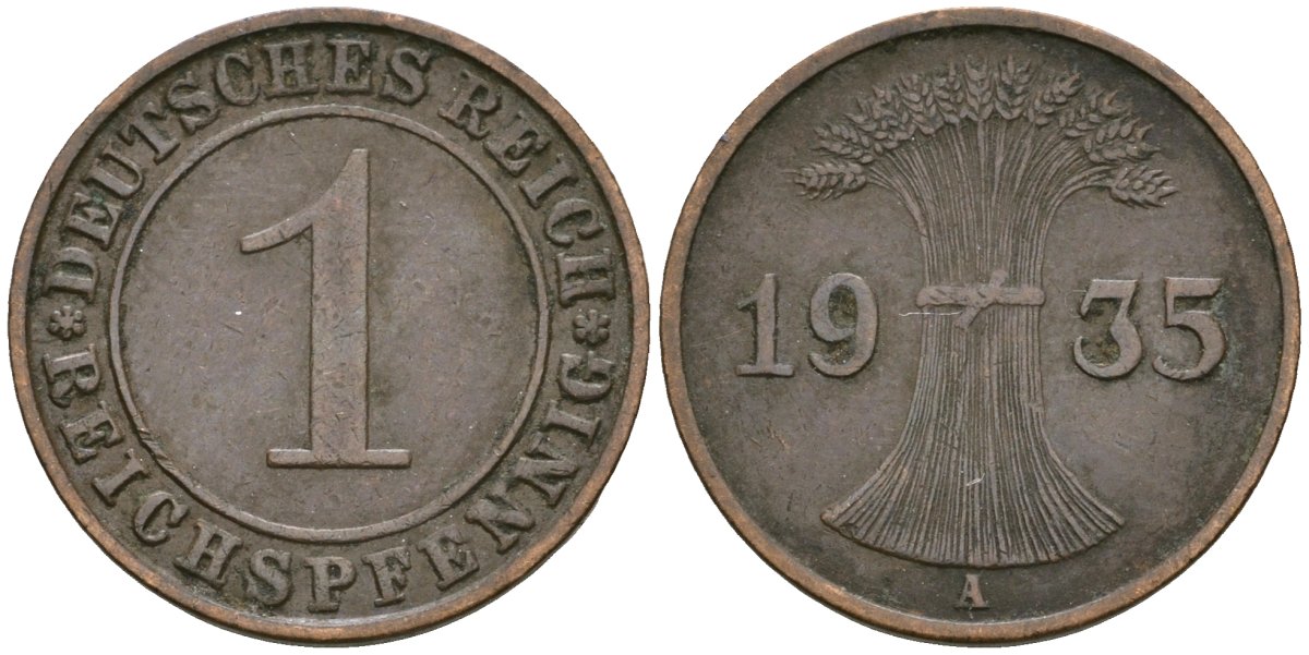 Германия 1 рейхспфенниг 1935 A KM 37, J. 313 бронза 4528-439