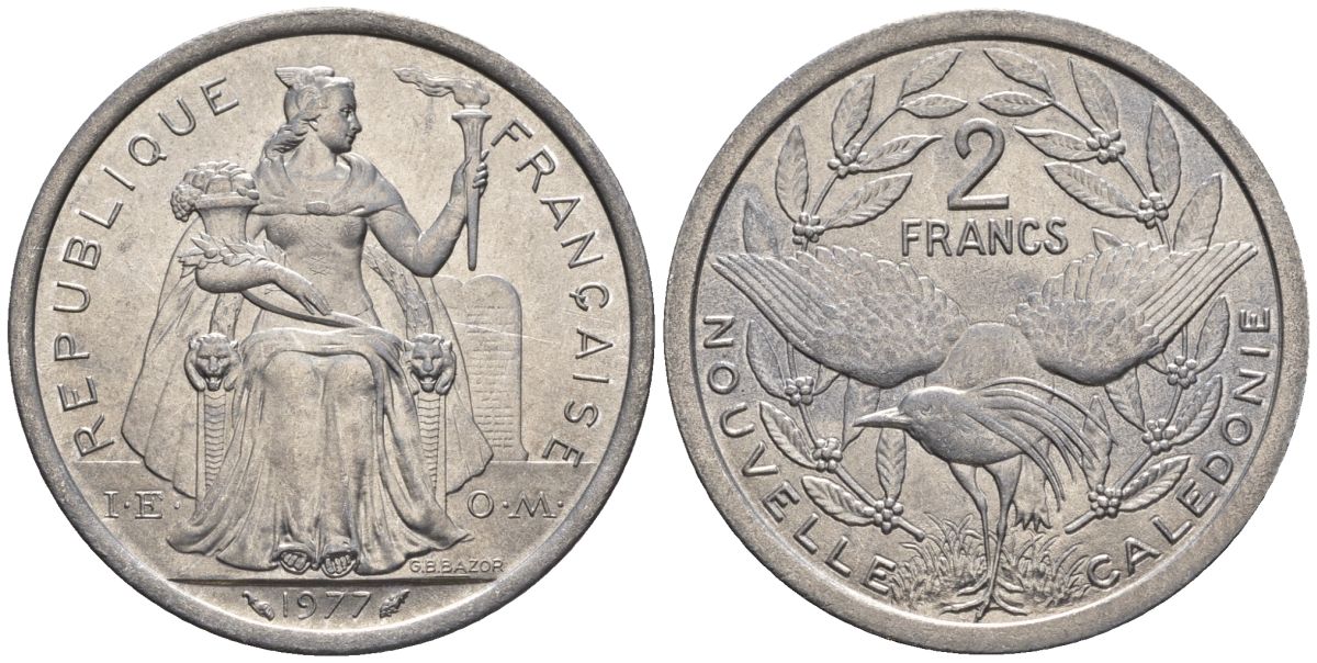 Французская Новая Каледония 2 франка 1977  KM 14 алюминий  UNC  4610-511