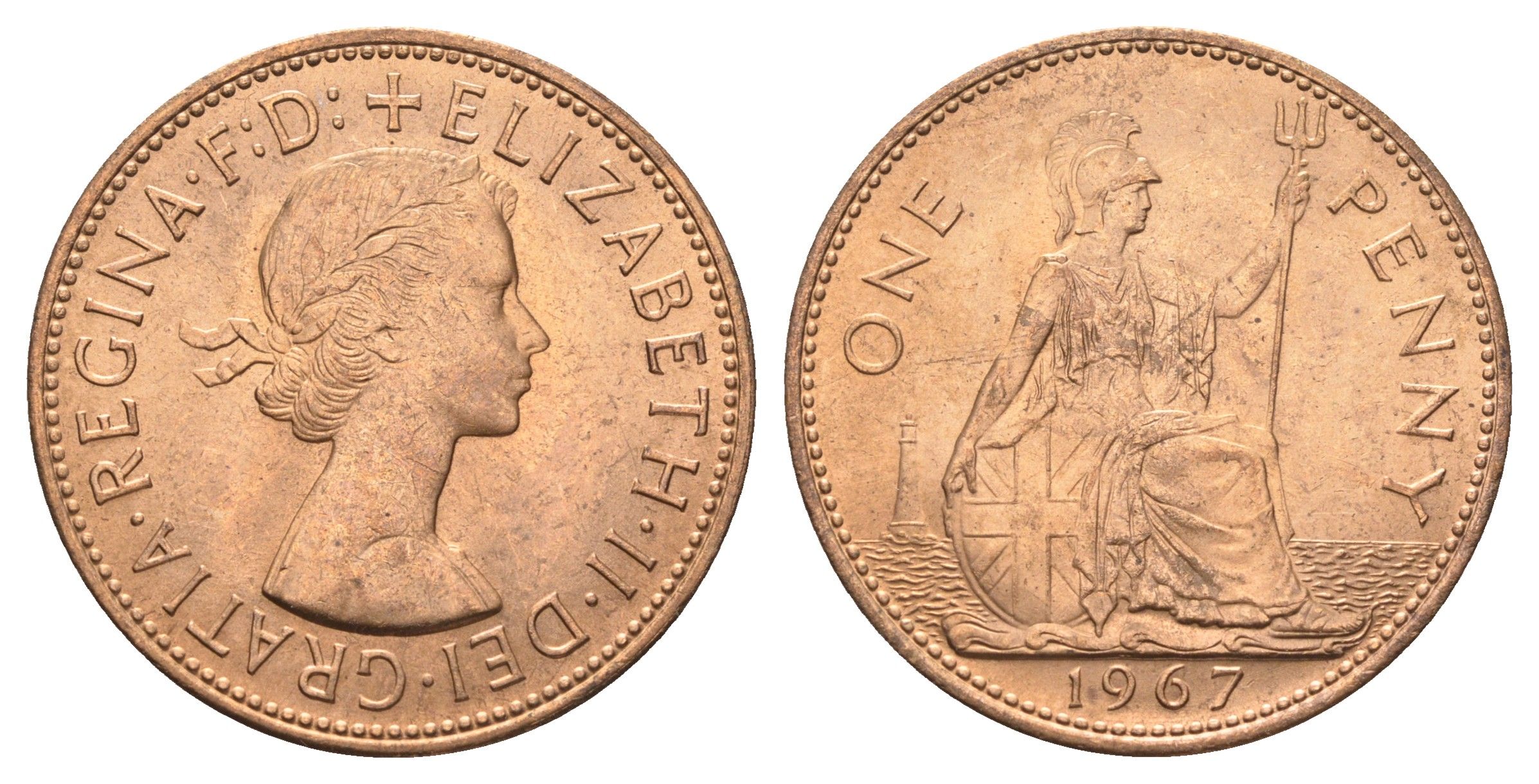 Великобритания 1 пенни 1967 Елизавета II (1952-2022) KM 897, Spink 4157 бронза UNC 4661-1012