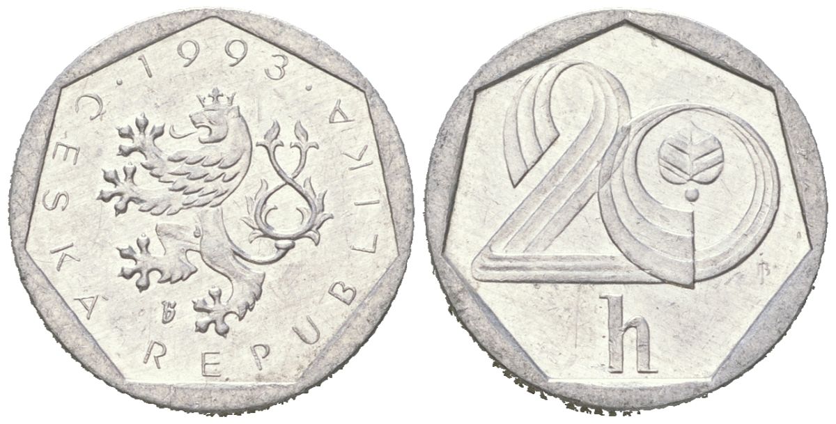 Чехия 20 геллеров 1993 KM 2.1 алюминий UNC 4618-169